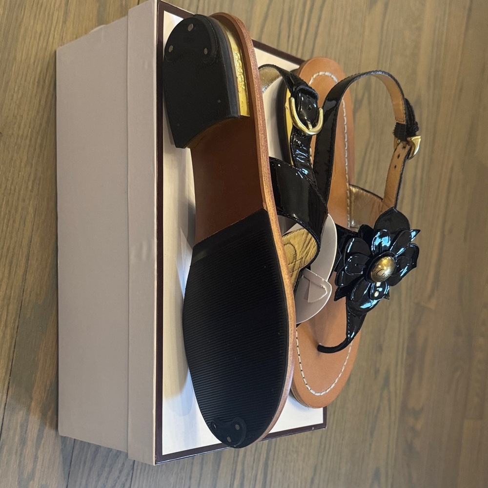 Coach Dark Brown Floral Thong Sandals with Gold Accents - Picture 2 of 2